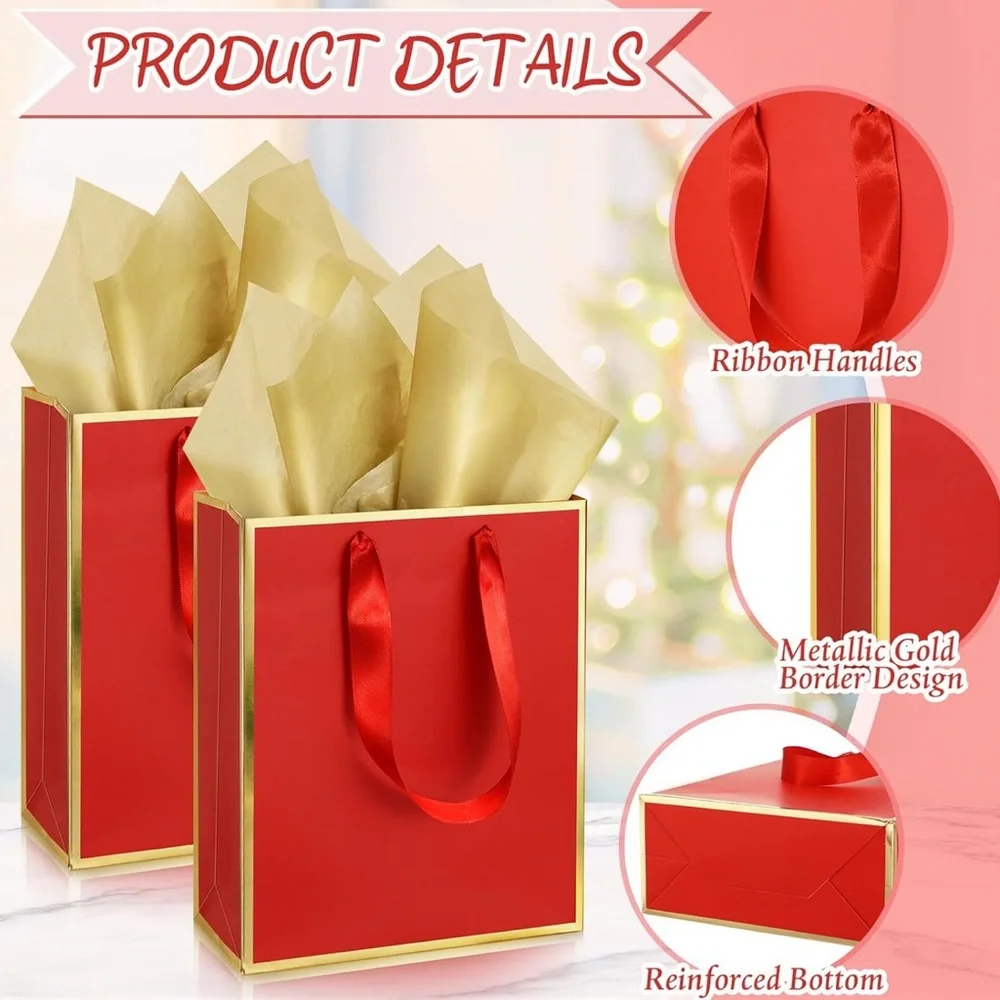 5 Pack Metallic Paper Gift Bags with Handle and Tissue 9 x 7 x 3.1